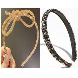 Set of 2: Sparkly Headbands Gold Bow & Black Pearls - NEW